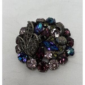 Vintage Regency? Purple Blue Teal Heliotrope Green Rhinestone Filigree Brooch